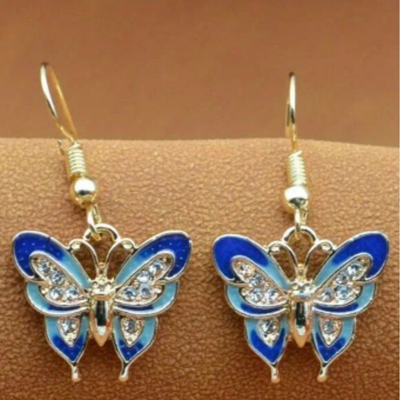 Kohl's Blue Teal Golden‎ Gemstone Pave Butterfly Drop Earrings Enamel - Picture 3 of 4